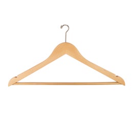 17" Wooden Suit Hanger with Notches, Attached Pant Bar and Mini Chrome Hook, Natural 