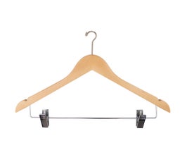 17" Wooden Suit Hanger with Notches, Dropped Bar with Metal Clips and Matching Mini Chrome Hook, Natural 
