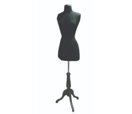 Female Black Jersey Knit Fabric Dressmaker Form with Wood Tripod Stand