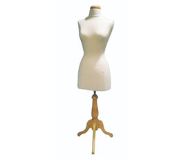 Female Off-White Jersey Knit Fabric Dressmaker Form with Natural Wood Tripod Stand