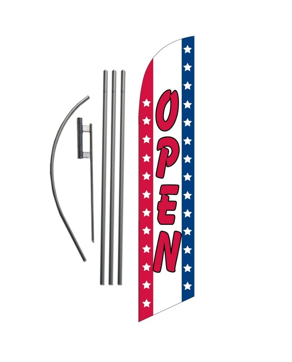 Three Pack Swooper Flags & Pole Kits Red with Big Blue White Text OPEN 3