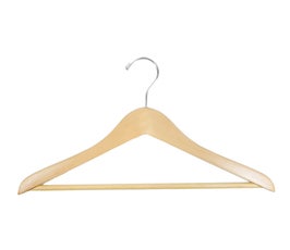 Wooden Suit Hanger in Natural Gloss Finish with Stationary Pant Bar and Chrome Hardware 