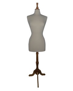 Female Pinnable Dress Form w/ Natural Wood Finial Neck Block, Wooden Tripod Base
